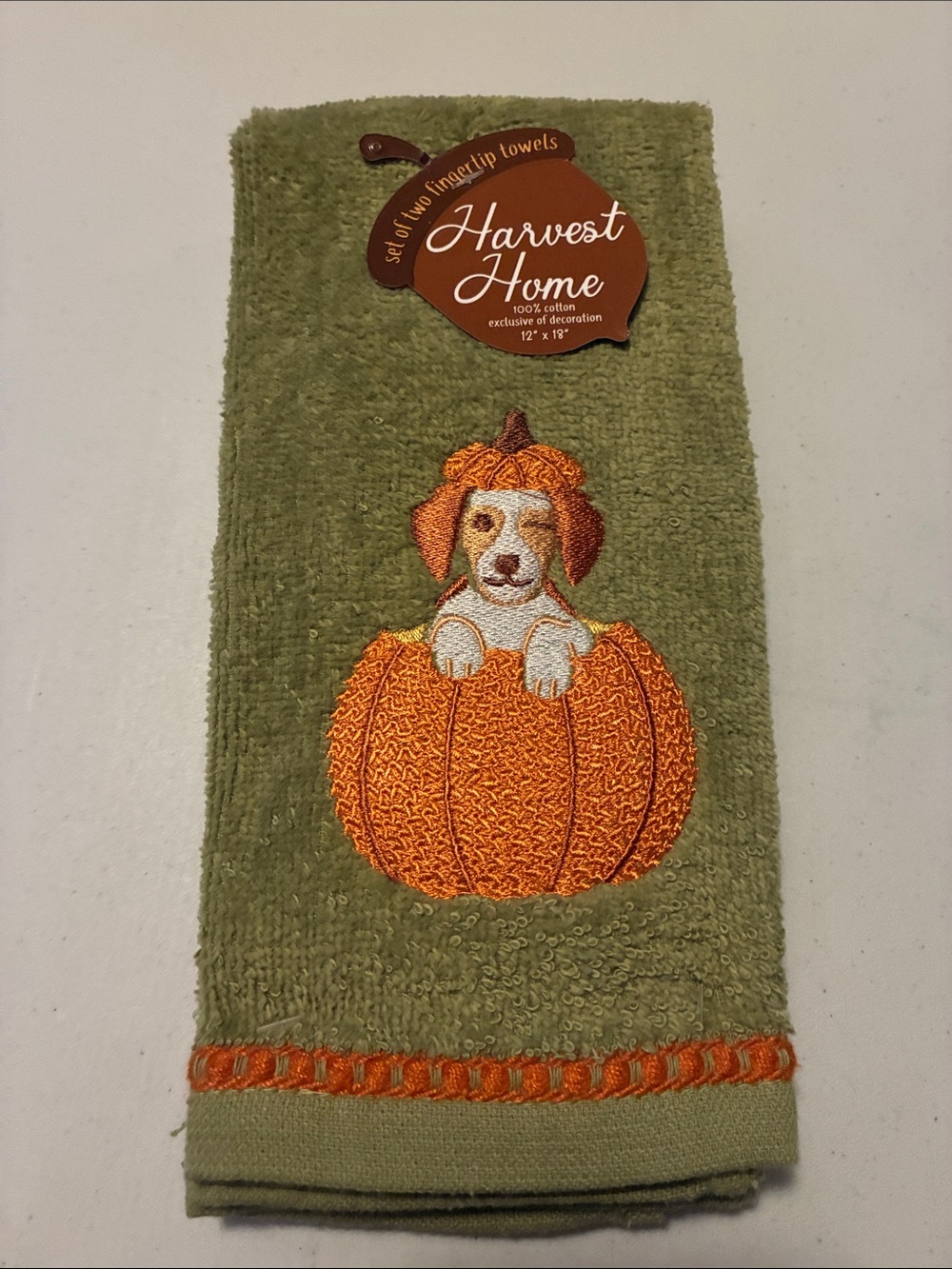 Olive Green Embroidered Pumpkin Dog Fingertip Towel